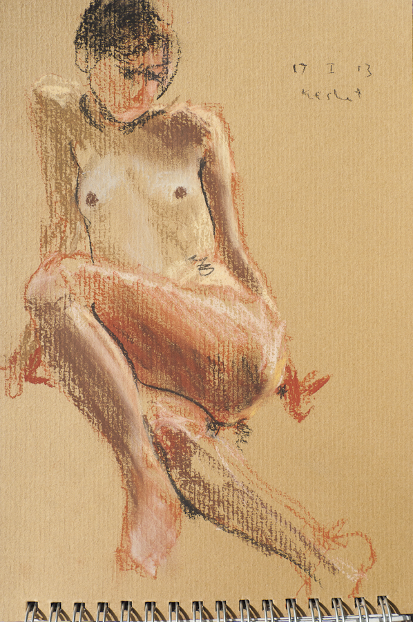 Life Model Keshet Sitting, Left Knee raised,
                    by Ciaran Taylor, Irish artist. Front view, nude.
                    Conté pencil