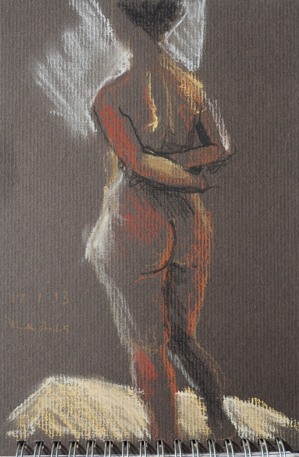 Life Model Keshet Standing, from behind,  by
                    Ciaran Taylor, Irish artist. Nude.  Conté pencil