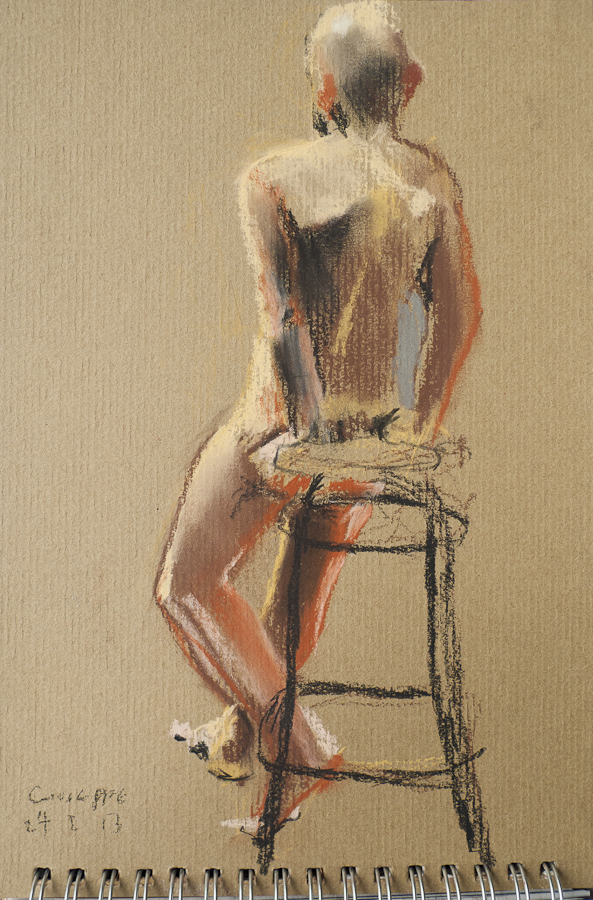 Life Model Giuseppe leaning on a stool,  by
                    Ciaran Taylor, Irish artist. Rear view, nude.
                    Conté pencil