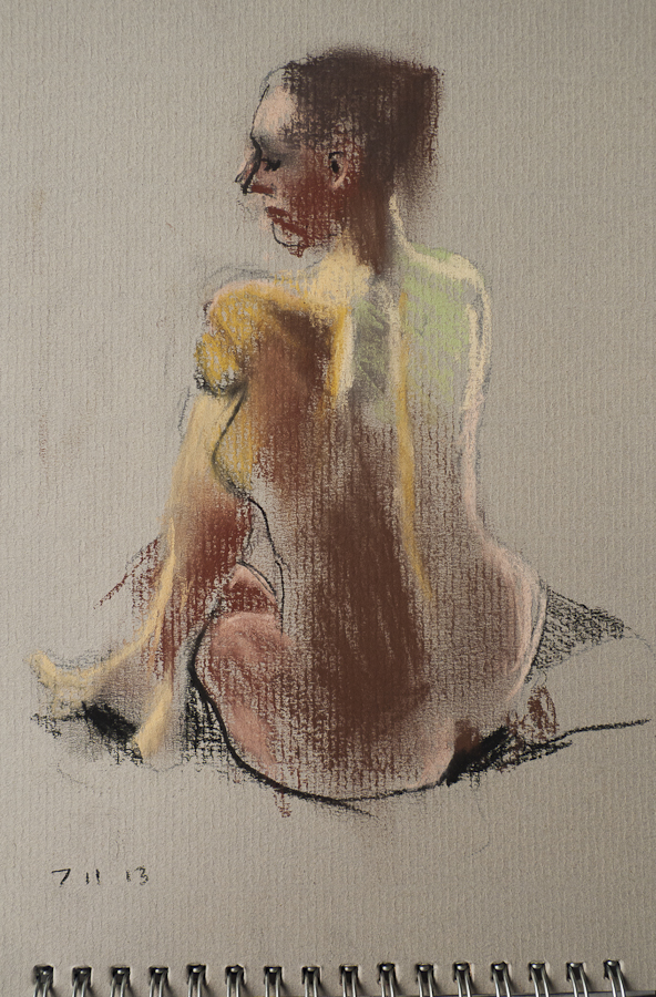 Life Model Fiona Sitting, from behind,  by
                    Ciaran Taylor, Irish artist. Front view, nude.
                    Conté pencil