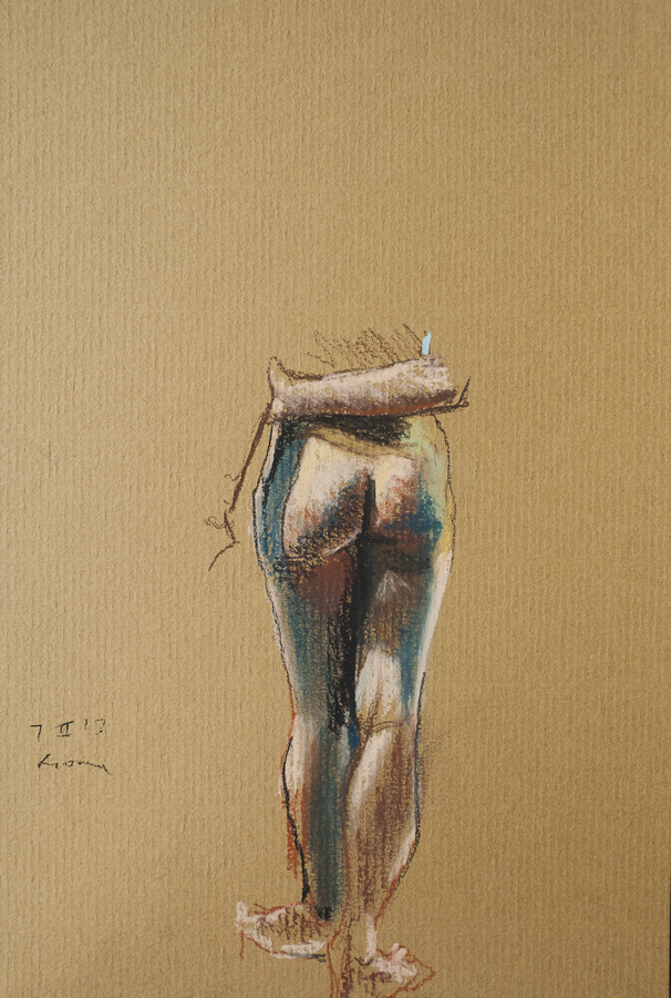 Life Model Fiona Standing, from behind,  by
                    Ciaran Taylor, Irish artist. Front view, nude.
                    Conté pencil