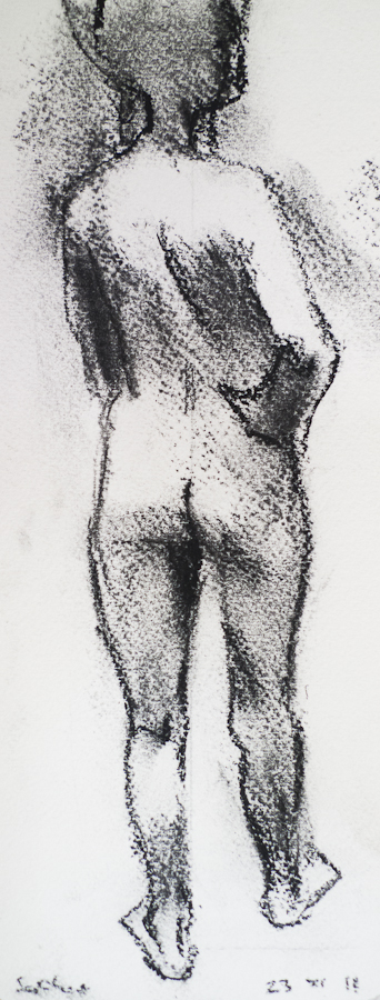 Life model Sophie, rear view, nude, hand on hip