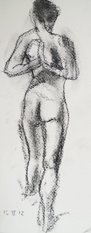 Life Model Stephanie, Back Prayer: Standing, hands
                    together behind back,  by Ciaran Taylor, Irish artist.
                    Rear view, nude.  Charcoal