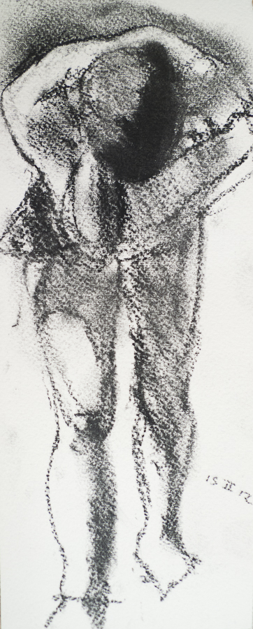 Life Model Stephanie, Leaning Forward,  by
                    Ciaran Taylor, Irish artist. 
                    Front view, nude.  Charcoal