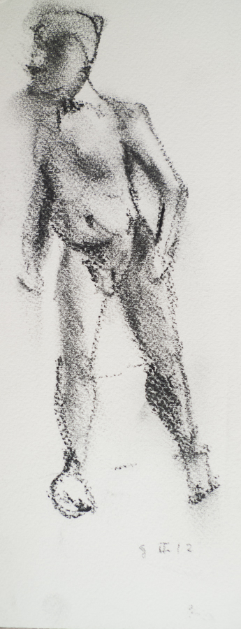 Life Model Giuseppe, Looking Aroundd,  by
                    Ciaran Taylor, Irish artist. 
                    Front view, nude.  Charcoal