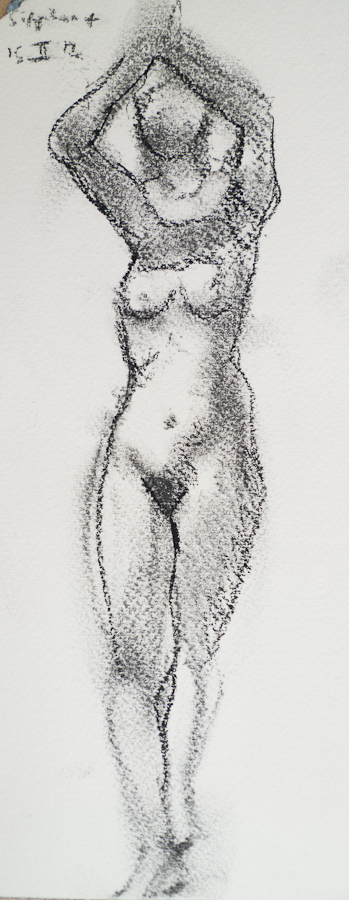 Life Model Stephanie, Top Prayer: Standing, hands
                    together above head,  by Ciaran Taylor, Irish artist.
                    Front view, nude.  Charcoal