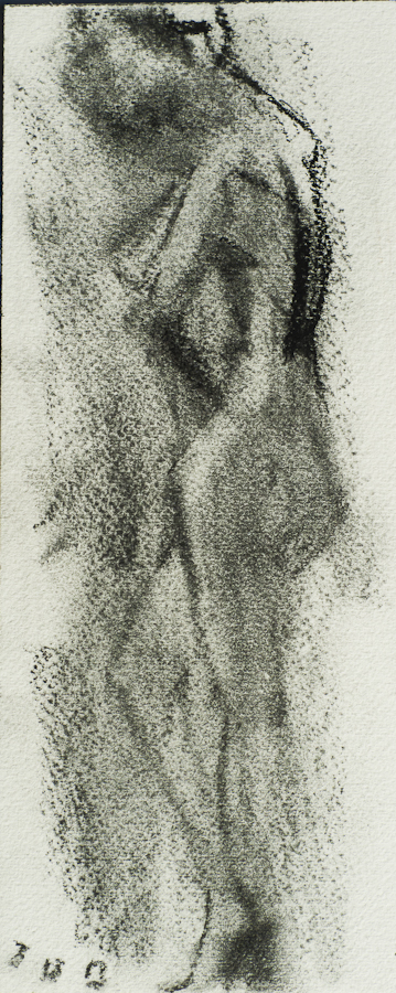Life Model Fiona: Standing,  by Ciaran
                    Taylor, Irish artist. 
                    Side view, nude. Charcoal
