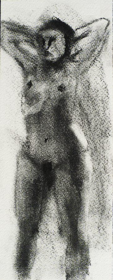 Life Model Keshet: Standing, hands clasped
                    behind head,  by Ciaran Taylor, Irish artist. 
                    Front view, nude. Charcoal