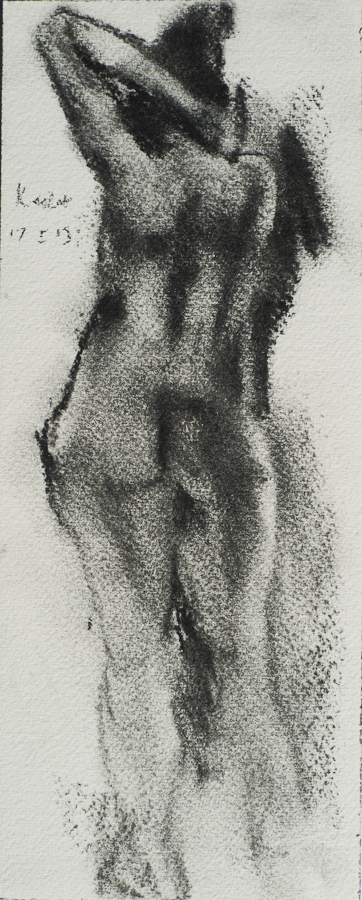 Model Keshet Standing, hand on shoulder, elbow raised, rear view, nude