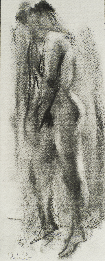 Life Model Keshet: Standing, by Ciaran
                    Taylor, Irish artist.  
                    Side view, nude. Charcoal