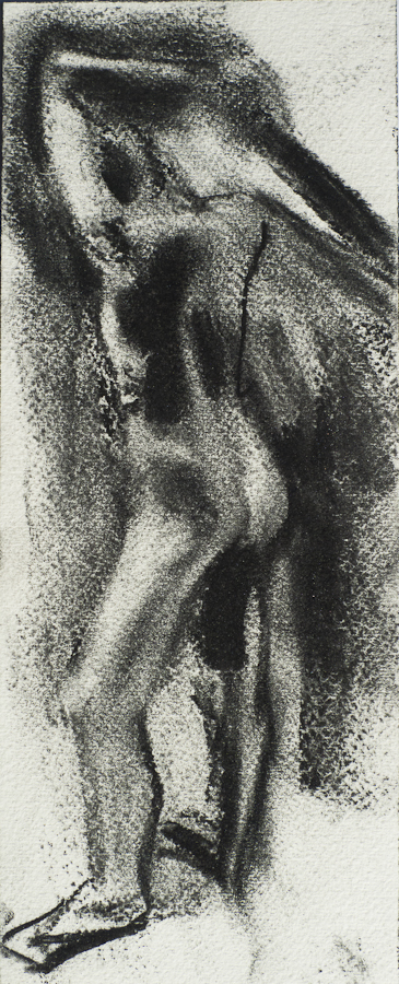 Life Model Giuseppe Standing, Stretching a Kerchief, 
                    by Ciaran Taylor, Irish artist. 
                    Side view, nude. Charcoal