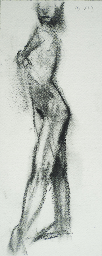 Life Model Fiona Standing, toe pointed, 
                    by Ciaran Taylor, Irish artist. 
                    Side view, nude. Charcoal