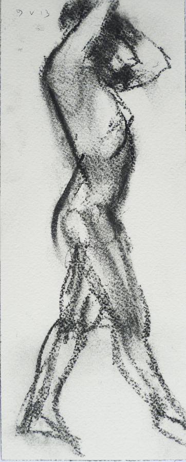 Life Model Fiona Standing, , Hands on Head, 
                    by Ciaran Taylor, Irish artist. 
                    Side view, nude. Charcoal