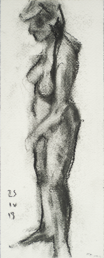 Life Model Esther Standing, Knee flexed, 
                    by Ciaran Taylor, Irish artist. 
                    Side view, nude. Charcoal