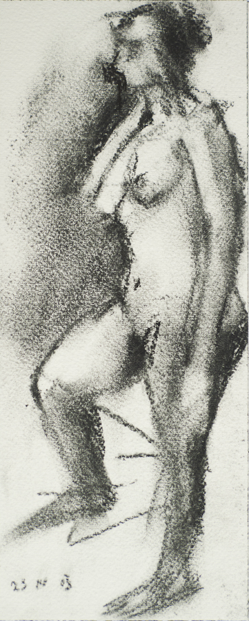 Life Model Esther Standing, Foot on Step, 
                    by Ciaran Taylor, Irish artist. 
                    Side view, nude. Charcoal