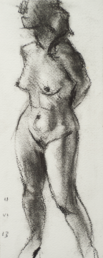 Life Model Tamara, Standing, Hands behind Back, 
                    by Ciaran Taylor, Irish artist. 
                    Side view, nude. Charcoal