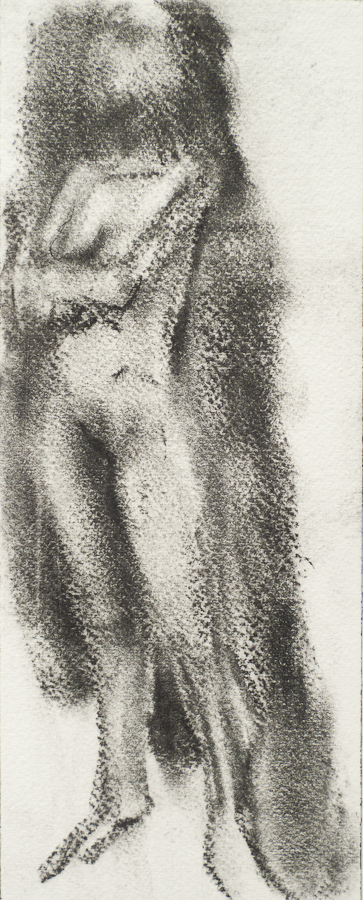 Slim Female Life Model, Arms Folded,
                    Standing, by Ciaran Taylor, Irish artist. Front
                    view, nude. Charcoal