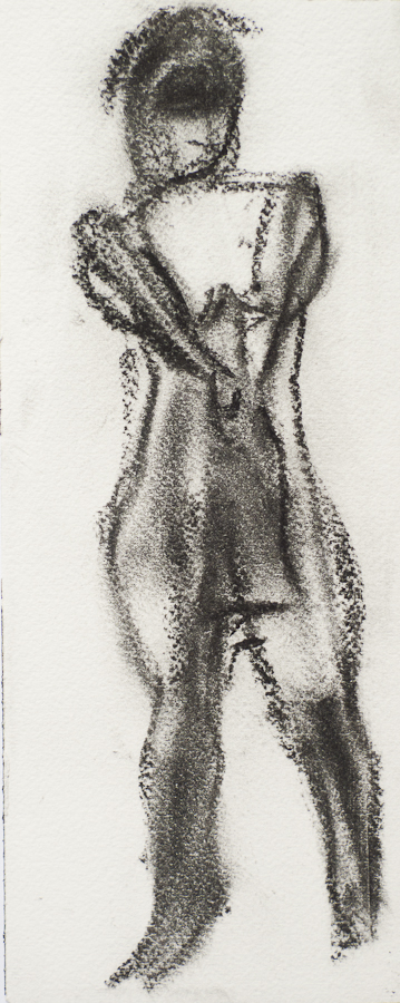 Slim Life Model, Hands Out Together,
                    Standing, by Ciaran Taylor, Irish artist. Front
                    view, nude. Charcoal