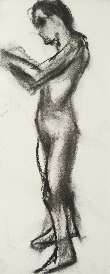 Female Life Model, Standing, Looking at
                    Hands, by Ciaran Taylor, Irish artist. Side view,
                    nude. Charcoal