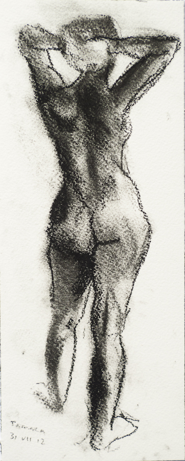 Life Model Tamara, Standing, Hands clasped
                    behind Head, by Ciaran Taylor, Irish artist. Rear
                    view, nude. Charcoal