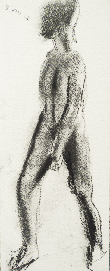 Life Model Daniel Walking,  by
	    Ciaran Taylor, Irish artist. Side view, nude. Charcoal