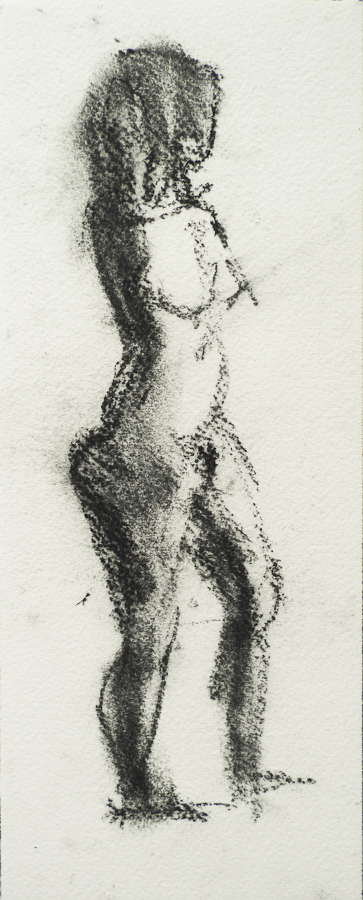 Life Model Tamara(?), Standing, Hands clasped
                    behind Head, by Ciaran Taylor, Irish artist. Side
                    view, nude. Charcoal
