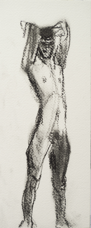 Male Life Model Standing, Hands clasped
                    behind Head,  by Ciaran Taylor, Irish
                    artist. Front view, nude. Charcoal