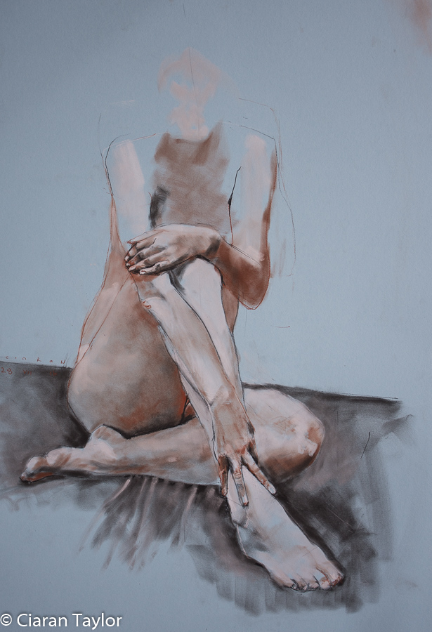 Life model Tanya Sitting,  by Ciaran Taylor,
                    Irish artist. Front view, nude.  Pastel