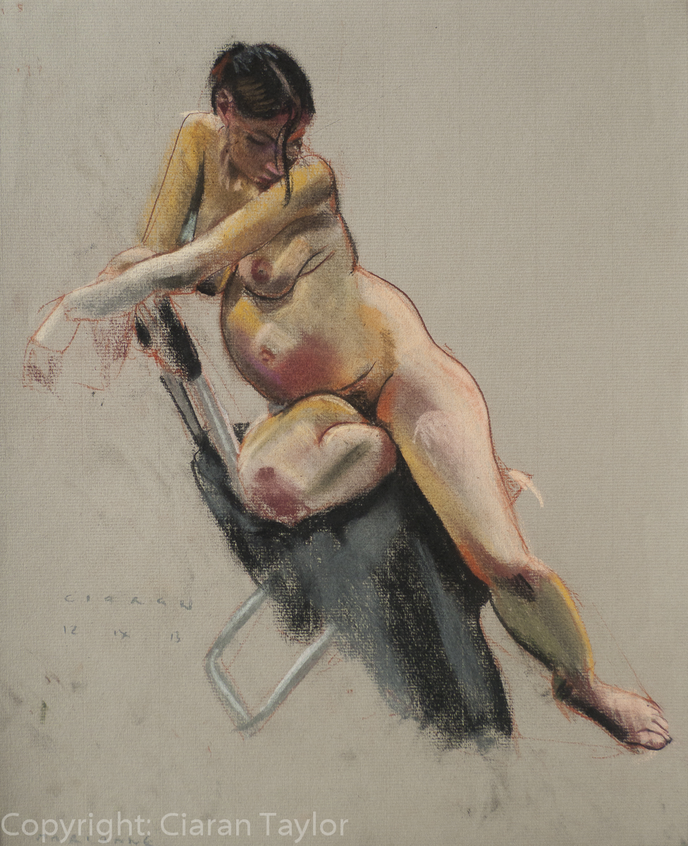 Life model Marianna Sitting, pregnant, by
                    Ciaran Taylor, Irish artist. Front view, nude. Pastel