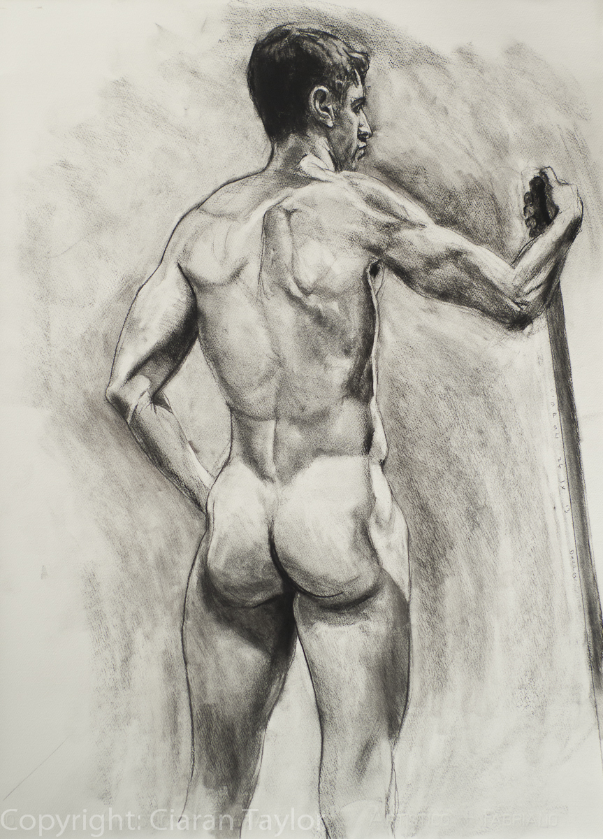Life model Darren and the Pole, back view,
                    nude, standing, by Ciaran Taylor, Irish artist. Charcoal