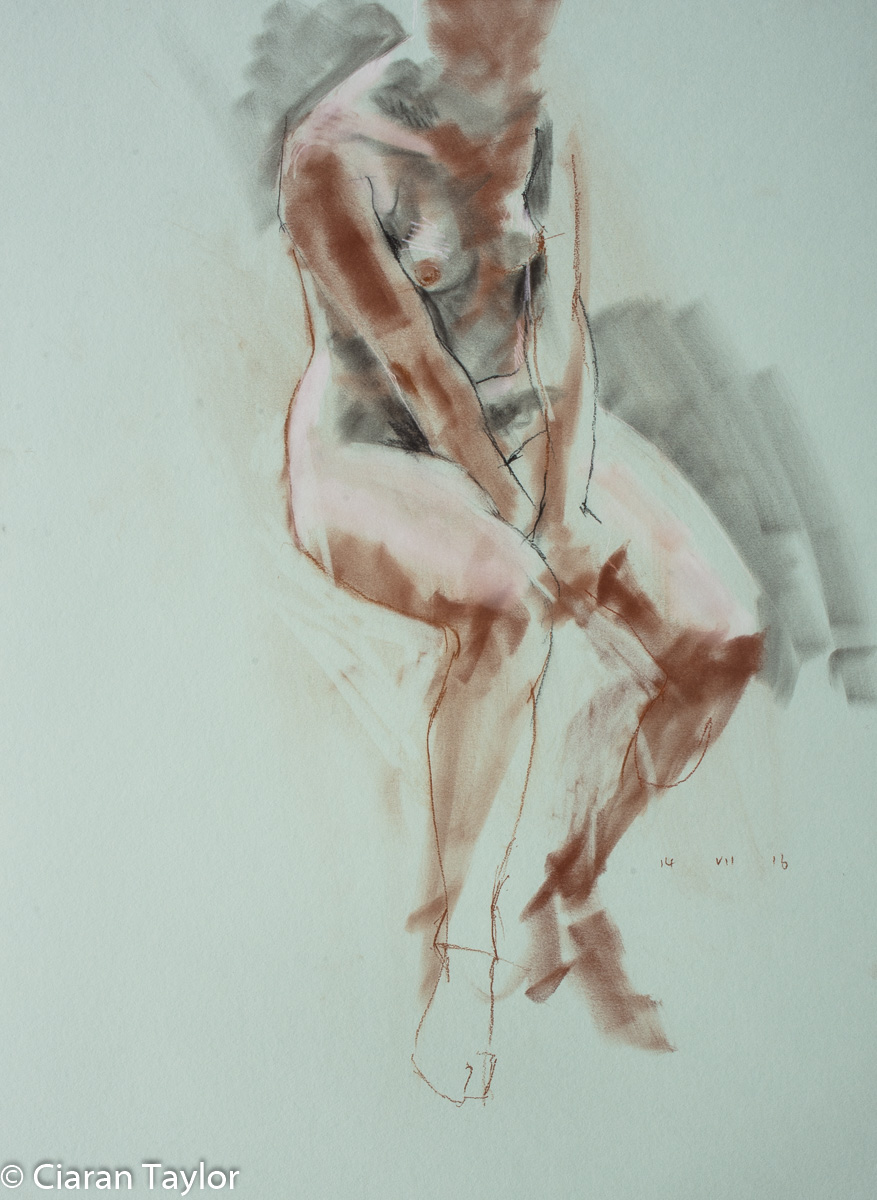 Life model Kejt, side view, nude, sitting,
	    by Ciaran Taylor, Irish artist. PanPastel